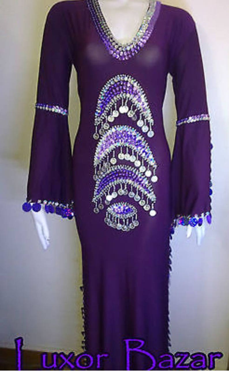 Oriental Egyptian Belly Dance Costume Saidi Dress, Baladi Galabia, Fallahi Abaya, Handmade Embroidered Belly dance dress, Gypsy Thobe,Tribal Purple