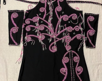Custom Belly Dance Costume: Handmade Embellished Lycra Dress with Arm & Head Pieces