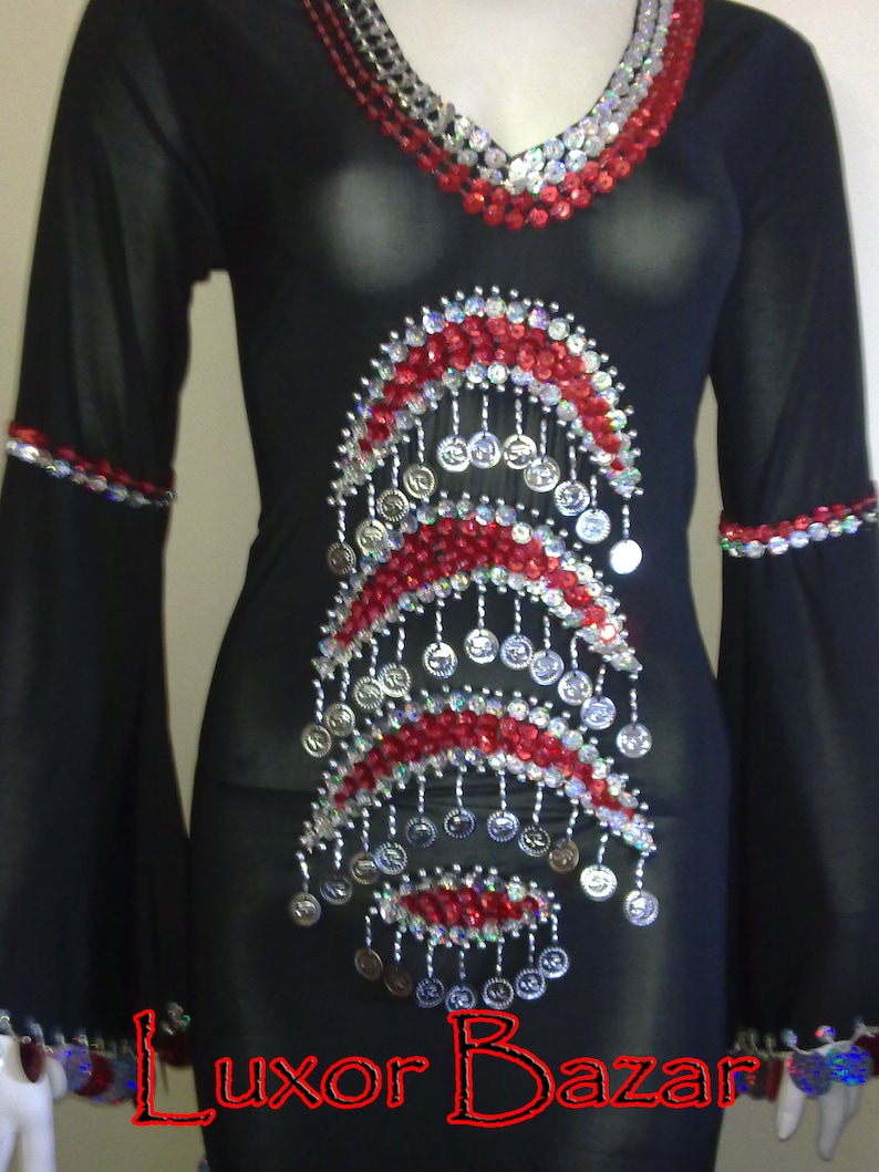 Oriental Egyptian Belly Dance Costume Saidi Dress, Baladi Galabia, Fallahi Abaya, Handmade Embroidered Belly dance dress, Gypsy Thobe,Tribal Black & Red