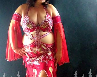 Red Belly Dance Costume: Custom Made Lycra Outfit with Cutouts