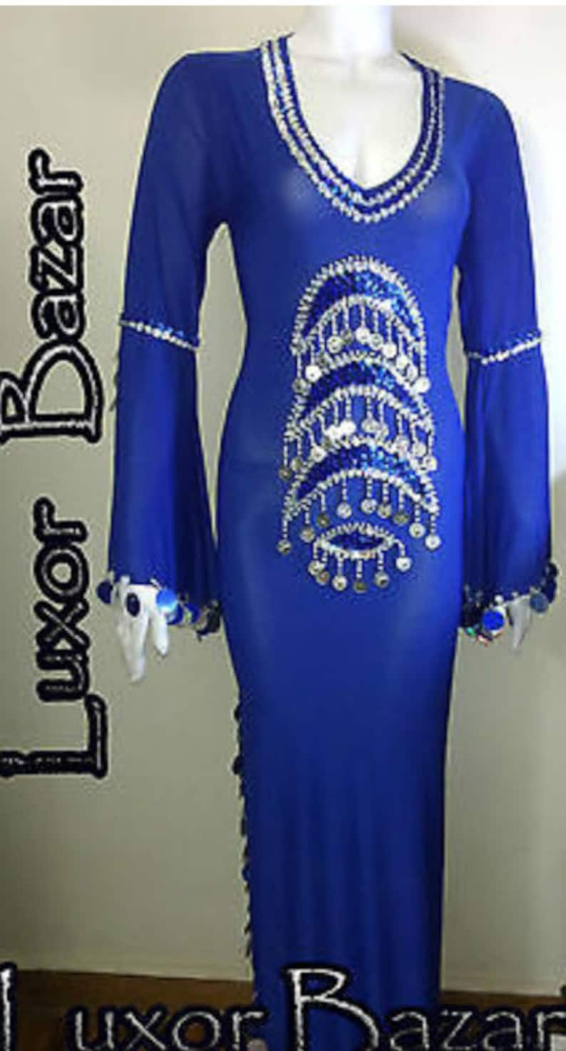 Oriental Egyptian Belly Dance Costume Saidi Dress, Baladi Galabia, Fallahi Abaya, Handmade Embroidered Belly dance dress, Gypsy Thobe,Tribal Blue