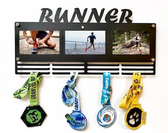 Personalized Medal Rack with Photo Frame, Photo Medal Holder, Runner Medal Hanger Holder Display Rack, custom text any sports, name etc.