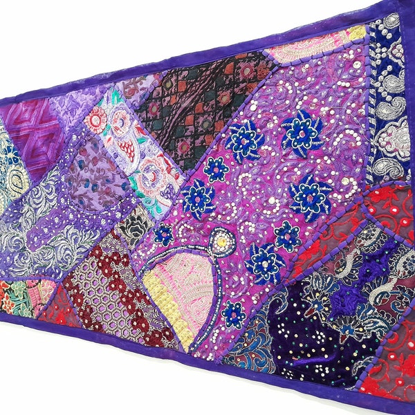 Handmade Indian Tapestry Wall Hanging / Table Runner – Yellow Patchwork Sari With Embroidery