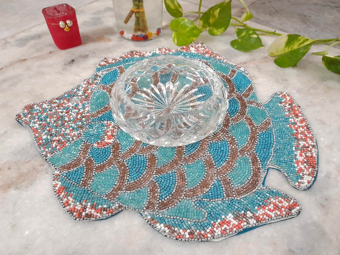 Blue fish placemats dinner room decor Placemats Beaded Etsy