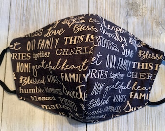 Family Words Face Mask 100% Cotton Adjustable Reversible Washable Made in USA