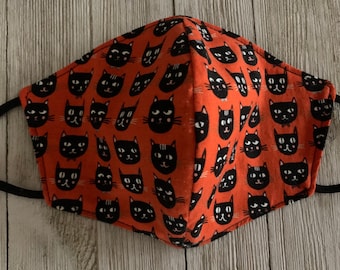 Black Cat Face Mask.  Little Kid Adjustable Reversible Cotton Face Mask
