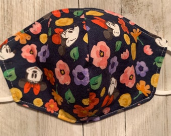 Minnie Mouse Floral Face Mask 2 Layer Cotton Adjustable Reversible Handmade in the USA Mickey Kids Size