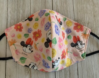 Minnie Mouse Floral Face Mask 2 Layer Cotton Adjustable Reversible Handmade in the USA Mickey Kids Size
