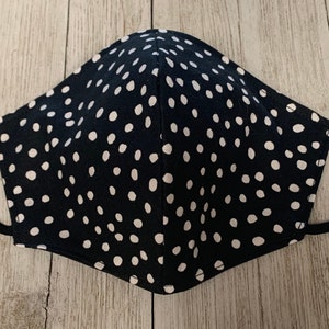 Black with White Polka Dot Face Mask Adult Cotton Face Mask Reversible Adjustable Washable Handmade in USA