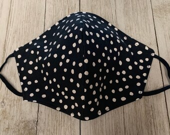 Black with White Polka Dot Face Mask Adult Cotton Face Mask Reversible Adjustable Washable Handmade in USA