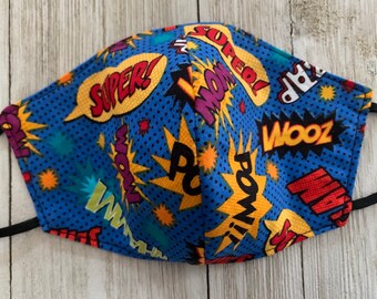Superhero Face Mask Little Kid Sized Superhero Words 2 Layer 100 Percent Cotton Adjustable Reversible