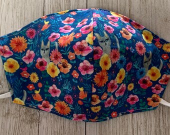 Floral Kitty Cat Face Mask.  Adult / Big Kid Adjustable Reversible Cotton Face Mask Floral Kitty Cat