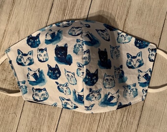 Kitty Cat Face Mask Adult Size 100% Cotton Adjustable Reversible Cat Faces Mask Made in USA