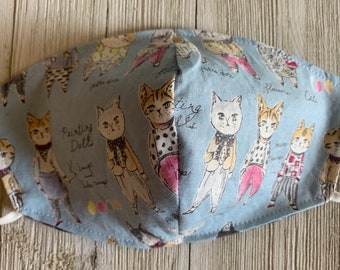Kitty Cat Face Mask Adult Size 100% Cotton Adjustable Reversible Japanese Sketched Clothed Cats Mask Made in USA