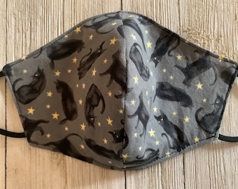 Black Cat Face Mask.  Adult / Big Kid Adjustable Reversible Cotton Face Mask Black Cat