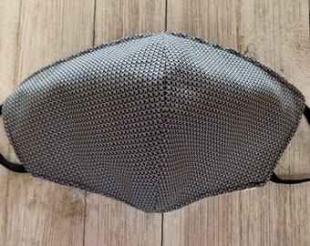 Blue Micro Houndstooth Face Mask Adult Cotton Face Mask Reversible Adjustable Washable Handmade in USA