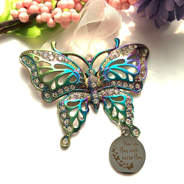 Now she flies with butterflies, butterfly memorial ornaments, loss of Mom, Nana, Grandma, Sister, Friend, Memorial Butterfly