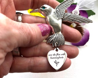 Now SHE flies with hummingbirds, Hummingbird memorial ornament,  Memorial Ornaments, loss of Mom, Nana, Grandma, Sister, Friend, hummingbird