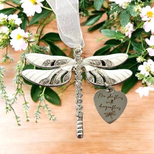 Dragonfly memorial ornament, loss of loved one, now she flies with dragonflies, memorial gift, loss of mom, sister, friend, daughter,grandma