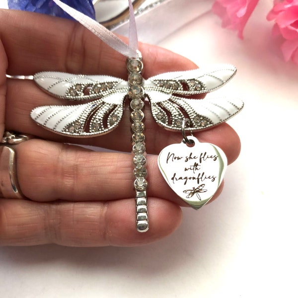 Dragonfly memorial ornament, loss of loved one, now she flies with dragonflies, memorial gift, loss of mom, sister, friend, daughter,grandma