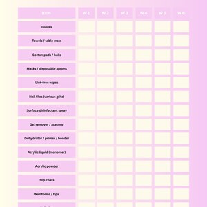 May include: A pink and white weekly stock checker chart with the text "WEEKLY STOCK CHECKER" at the top. The chart lists items like gloves, nail files, and acrylic powder, with columns for weekly inventory tracking.
