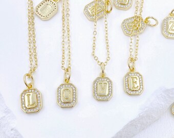 Personalized Square Initial Pendant Cubic Zircon Gold Plated Necklace Brass Letter Necklace Women Jewelry