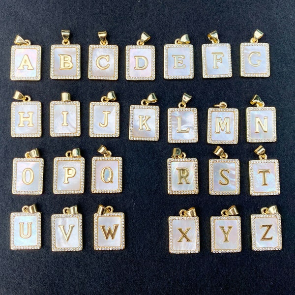 Personalized 18K Gold Plated Initial Tag A - Z Alphabet Letter Shell Micro Pave CZ Charm Pendant Necklace Jewelry