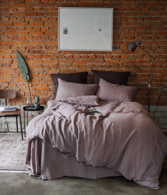 Linen Bedding Set In Nostalgia Rose King Queen Size Bed Stone Washed Sheets