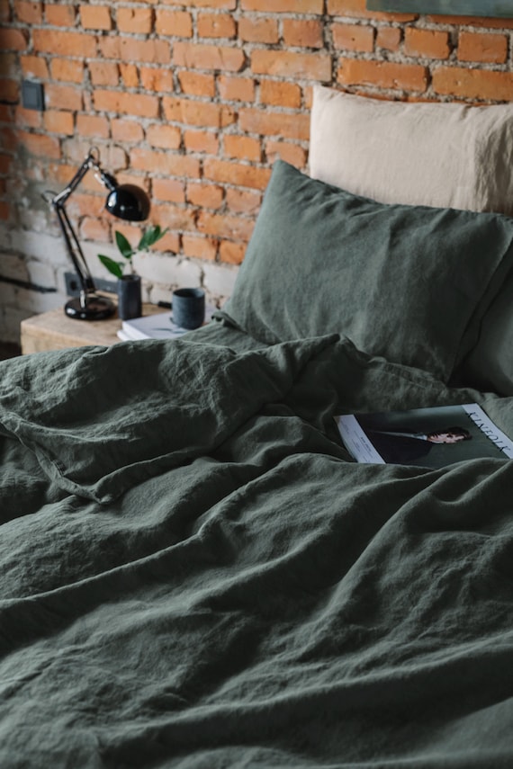 Linen duvet cover in Green, Linen bedding, King, Queen duvet cover, Stonewashed linen bed sheets