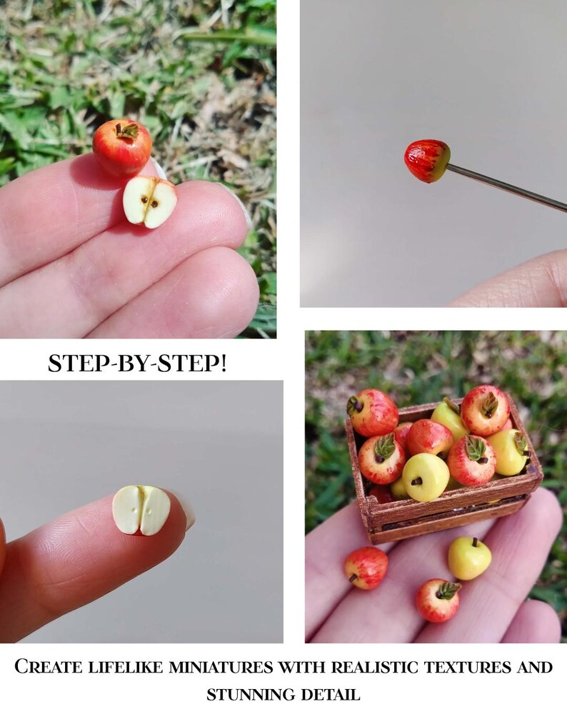 Miniaturowe jabłka – samouczek PDF, miniaturowe jedzenie DIY, przewodnik do natychmiastowego pobrania, hiperrealistyczne owoce z gliny polimerowej, jedzenie w domku dla lalek, miniaturowe jedzenie zdjęcie 2