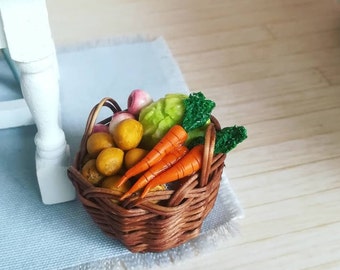 May include: A brown wicker basket filled with vegetables, including carrots, potatoes, and a head of cabbage. The basket is sitting on a light blue surface.