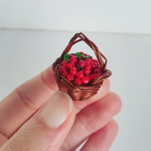 Miniature basket with cherries, Miniature food, Dollhouse food, Food for dollhouse, Dollhouse, Miniatures, Mini food, Miniature cherries