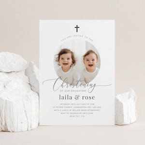Joint Christening Invitation Template, Sisters Christening Invite, Girls Christening Invitation, Photo Christening, Printable Baptism invite