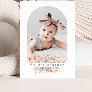 Monthly Photo Banner Template, First Year Photos, 1st Birthday Boho Rose, Month By Month, Arched Photo Banner, Printable Photo Banner