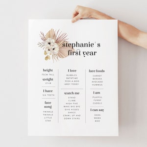 Editable Milestone Poster, Boho Floral 1st Birthday, Boho Milestone Poster, 1st Birthday Girl, Printable Milestone Poster