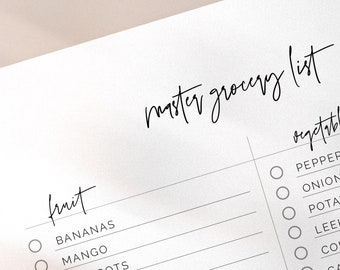 Editable Master Grocery List | Master Grocery Checklist | Edit Grocery List | Minimal Grocery List | Shopping List | US Letter + A4