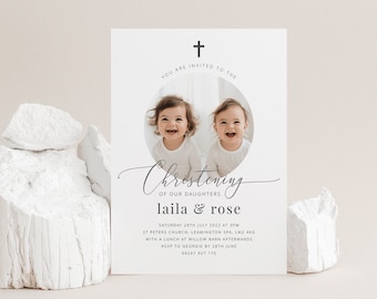 Joint Christening Invitation Template, Sisters Christening Invite, Girls Christening Invitation, Photo Christening, Printable Baptism invite