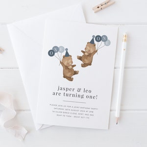 Boy Twins Bear Invitation Template, Party Hats, Blue Bear Invite, Bear Twin Birthday, Teddy Bears Picnic, Boy Twin Invite, Printable Invite