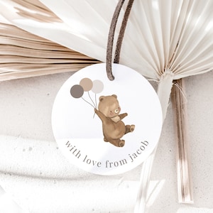 Modèle d'étiquette de faveur d'ours, pique-nique d'ours en peluche, ballons bruns d'ours, 1er ours d'anniversaire, étiquette de faveur ronde, étiquette de remerciement imprimable