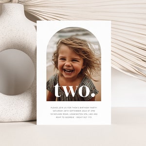 Two Birthday Invitation Template, Arched Photo Invitation, Boho Birthday Girl, 2nd Birthday Photo Invitation, Printable 2nd Birthday Invite