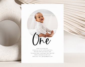 First Birthday Invitation Template, Photo Birthday Invitation, Modern 1st Birthday Invite, One Invitation, Printable Birthday Invitation