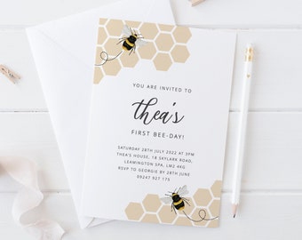 Honey Bee verjaardagsuitnodiging, eerste Beeday, 1e verjaardag uit te nodigen, Bumble Bee verjaardag, afdrukbare verjaardagsuitnodiging sjabloon