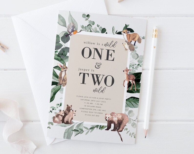 Joint Woodland Invitation Template Wild One Invite Two Wild 1st Birthday Forest 2nd Birthday Woodland Printable Birthday
