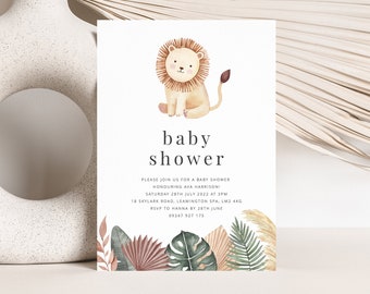 Leeuw baby shower uitnodiging sjabloon | Safari-babyshower | Jungle baby shower uitnodiging | Boho bladleeuw | Afdrukbare baby shower uitnodiging