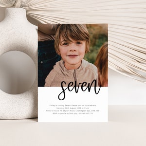 7th Birthday Invite Template, Photo Birthday Invitation, Modern 7th Birthday Invite, Seventh Birthday, Printable Birthday Invitation