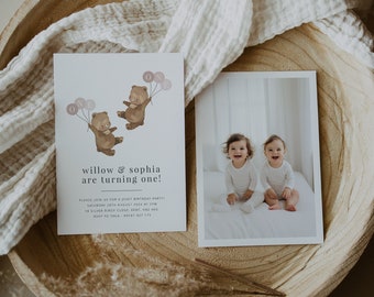 Zwillingsmädchen Einladung Vorlage, Zwillingsmädchen Bär einladen, Bär Zwilling Geburtstag einladen, Teddybären Picknick, Mädchen Zwillinge einladen, Bild Einladung