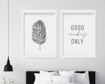 Good Vibes Only and Palm Leaf Printable, Minimalist Printable Wall Art, Scandi Home Print, Good Vibes Only, Minimalist Home Decor, Set of 2