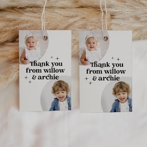 Foto-Dankeschön-Tag, Geschwister Favor Tag Vorlage, gemeinsamer Geburtstag, Boho Favor Tag, Foto-Geschenkanhänger, gewölbte Gunst-Tag, druckbare Danke-Tag