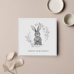Geburtstagskarte zum Ausdrucken | Blumenkranz Kaninchen | Moderne Geburtstagskarte | Süßer Hasen-Geburtstag | Sofortdownload | Digitale Grusskarte