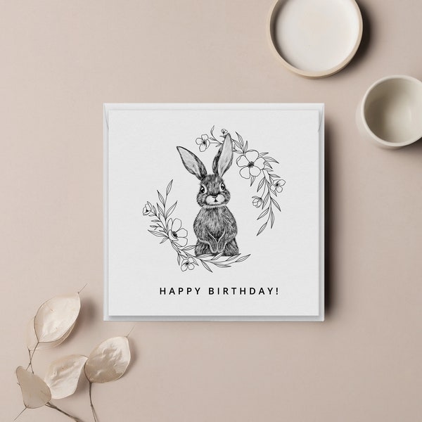 Printable Birthday Card | Floral Wreath Rabbit | Modern Birthday Card | Cute Bunny Birthday | Instant Download | Digital Greetings Card
